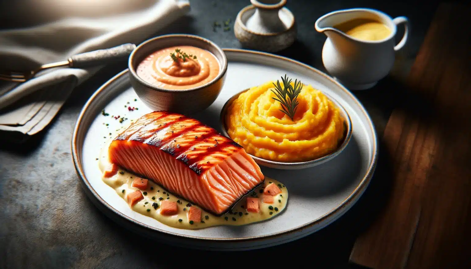 Salmão com Broa e Puré de Batata Doce na Air Fryer