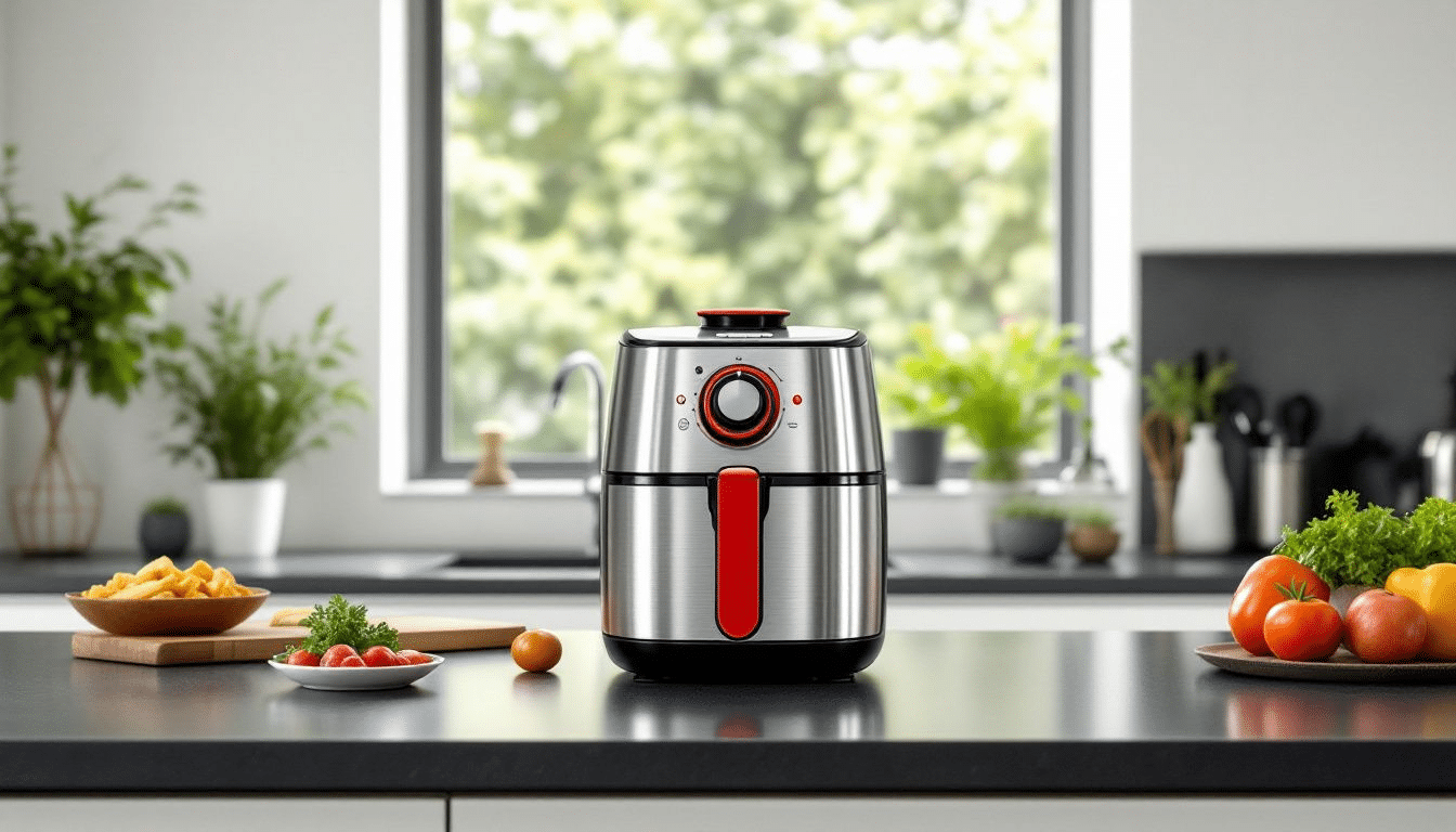 Uma air fryer moderna na cozinha, mostrando suas vantagens em preparar alimentos saudáveis.