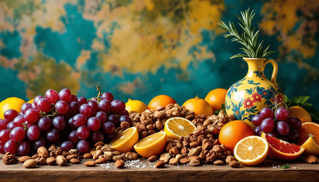 Lanches saudáveis como frutas e nozes em uma mesa.