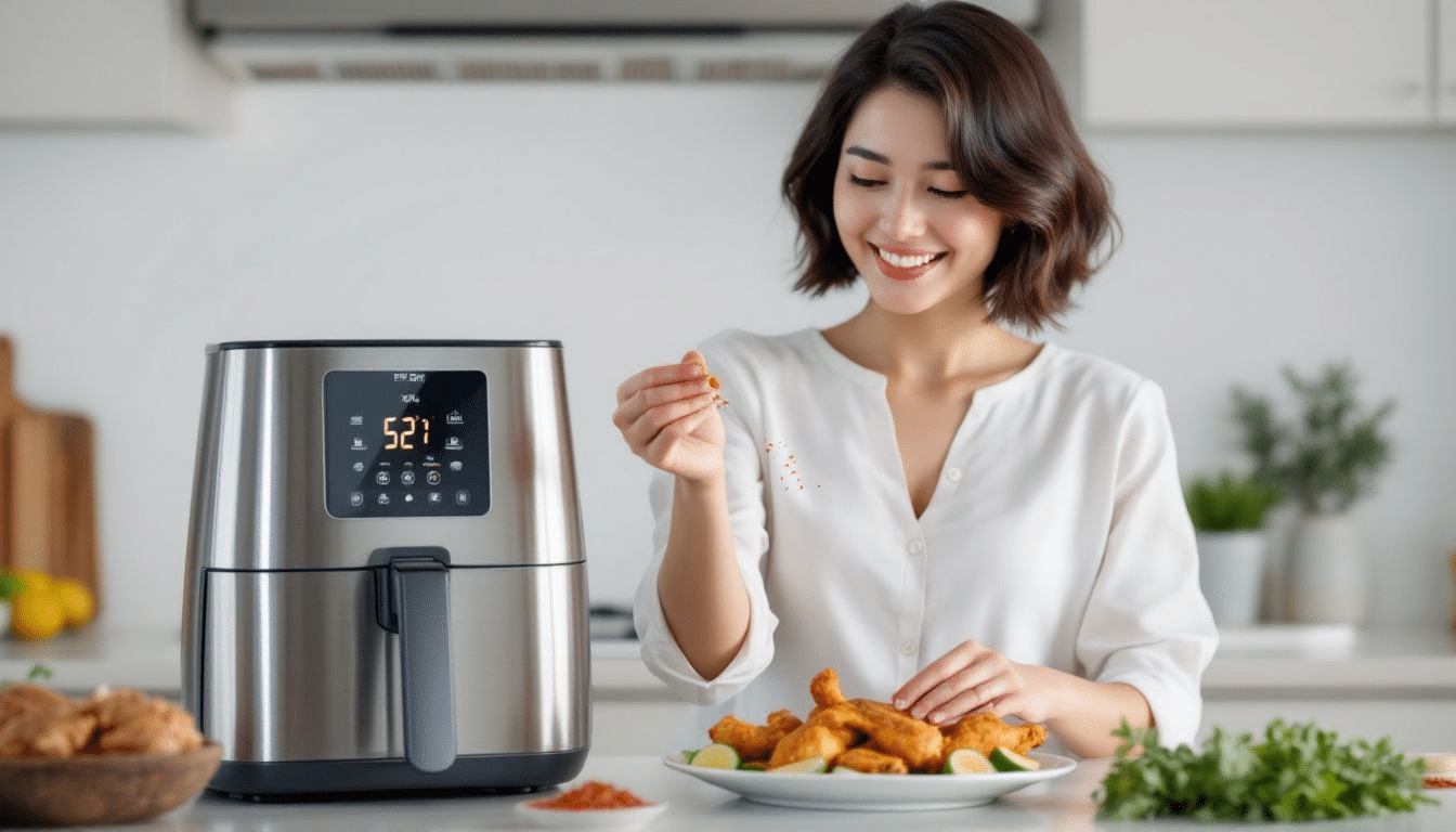 Uma pessoa adicionando temperos em alimentos para fritar na air fryer.