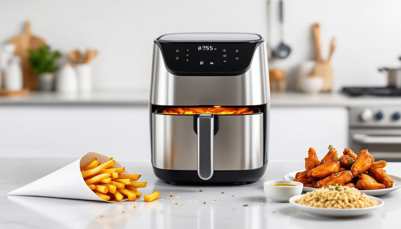 Diversos alimentos preparados em uma air fryer, incluindo batatas fritas crocantes.