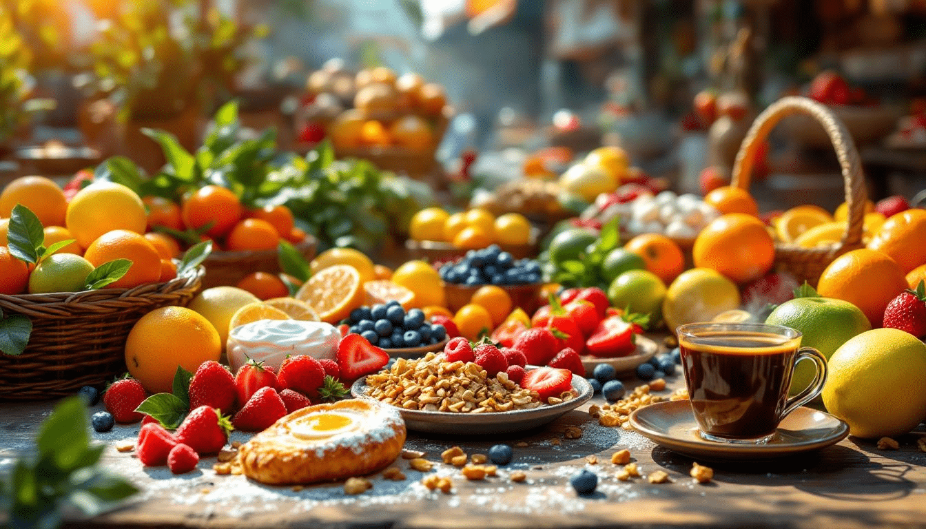 Um café da manhã saudável com frutas, iogurte e granola.